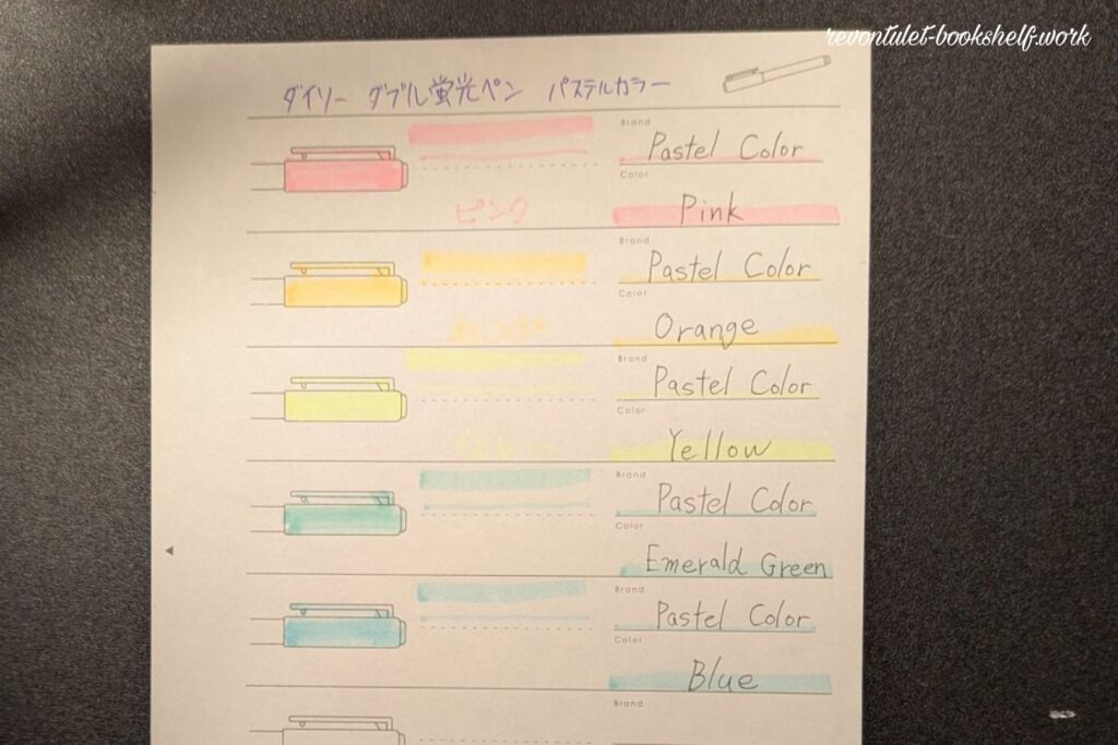 ダイソーのダブル蛍光ペンを試し書きした画像